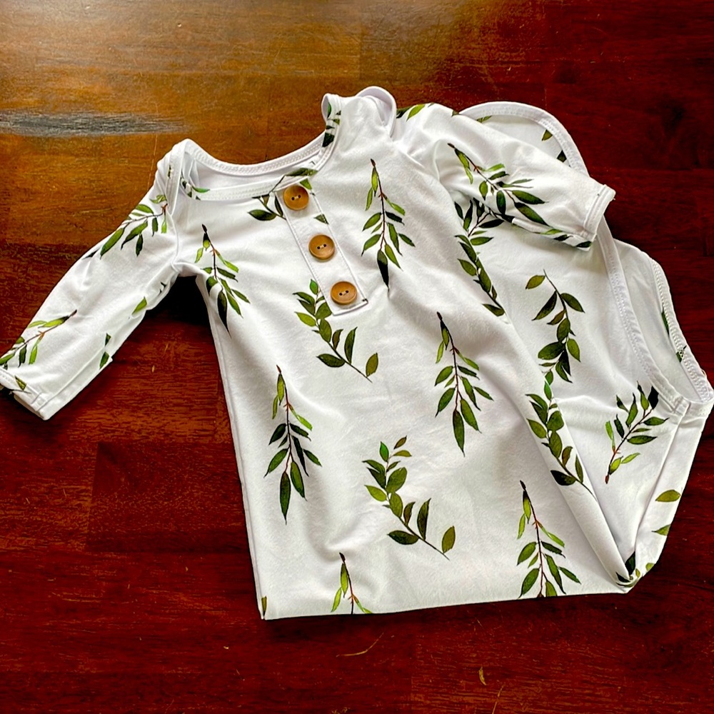 Caden Lane White Baby Nightgown with Green Leaf Print